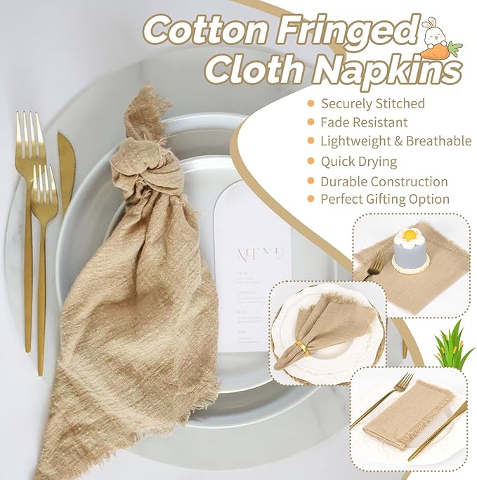 Showgeous 60 Pack Caramel Cloth Napkins with Fringe 16x16 inch 100% Cotton Caramel Napkins Handmade Dinner Napkins Bulk Washable Soft Rustic Table Napkins for Wedding Parties Bridal Baby Shower