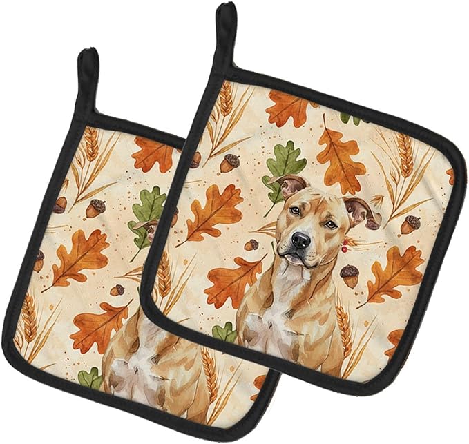 Caroline's Treasures Fawn American Staffordshire Terrier Heirloom Fall Pair of Pot Holders Pair 7.5x7.5 Quilted Insulated Hot Pads Decorative Kitchen Gift Made in USA