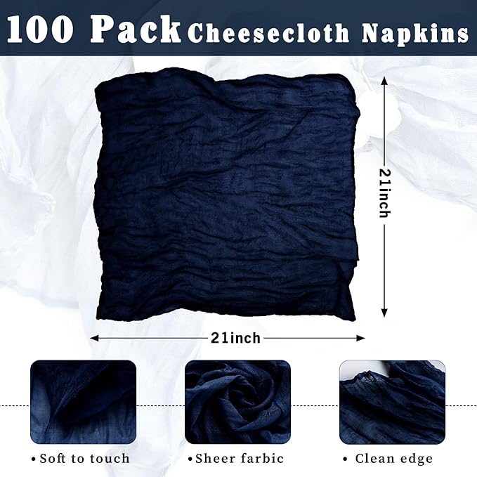 100 Pack Navy Blue Cheesecloth Napkins Washable Set of 100 Navy Blue Cloth Napkins 21x21 Inches Rustic Boho Cotton Gauze Dinner Table Napkins for Wedding Bridal Baby Shower Summer Party Table Decor