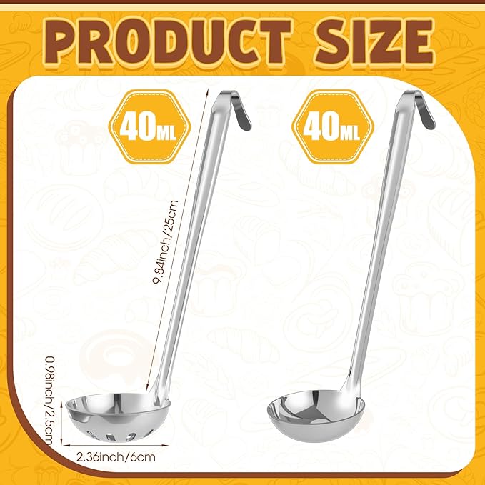 Stainless Steel Soup Ladle Serving Ladle Scoop and Slotted Spoon Set of 2 with Hook for Hanging, Cooking Utensils Set for Kitchen(1 oz)