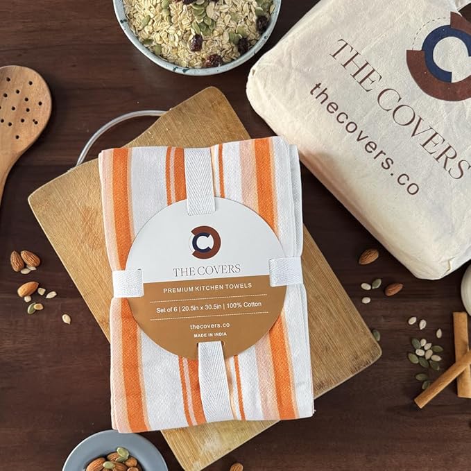 THE COVERS Premium 100% Cotton Kitchen Towels in Warm Apricot Spice Colors | Set of 6 Lavishly Large Towels (20.5”x30.5”) | Handy Hanging Loop for Drying | Arrives Gift-Ready, with a Signature Tote