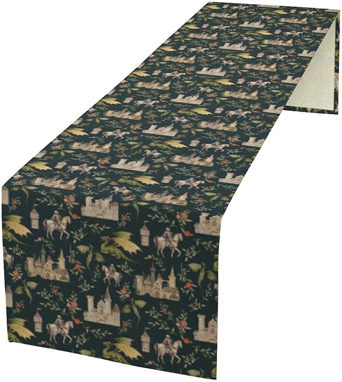 Dragon Table Runner, Magical Medieval Castle Dragon Knights Art Printed Runner for Home Kitchen Dining Table Living Room Decor Fabric 1 Panel W13xL90in