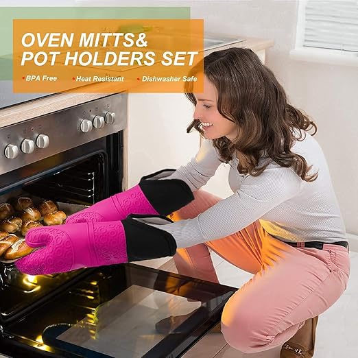 Silicone Oven Mitts and Pot Holders Set, MTZRFLL Extra Long Heat Resistant Oven Gloves with Hot Pads and Mini Oven Mittens for Grilling, Kitchen Cooking Baking, Quilted Lining, Pack of 6 (Rose)