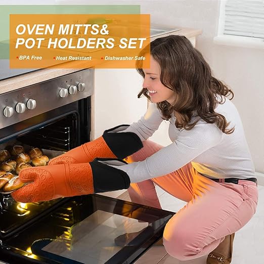 Silicone Oven Mitts and Pot Holders Set, MTZRFLL Extra Long Heat Resistant Oven Gloves with Hot Pads and Mini Oven Mittens for Grilling, Kitchen Cooking Baking, Soft Quilted Lining, Pack of 6 (Orange)