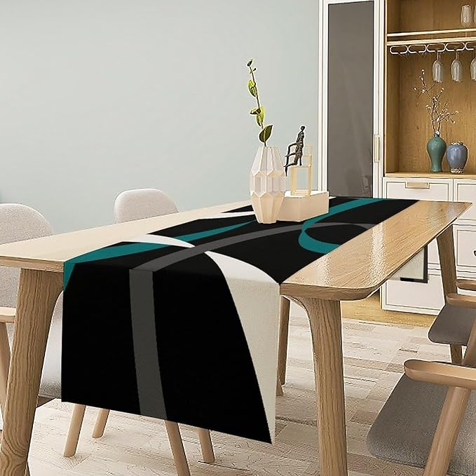 Abstract Geometric Table Runner Dark Teal Grey and White Striped Black Background Modern Kitchen Dinner Runner for Indoor Home Living Room Party Dining Table Decoration 13"x108"