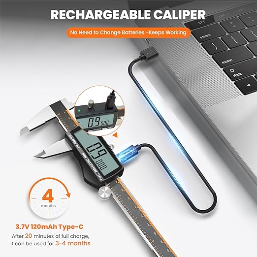 HARDELL Digital Caliper, Rechargeable 0-8 Inch Calipers Measuring Tool with Large LCD Screen, Inch/MM/Fraction, Stainless Steel, Auto-Off, Vernier Caliper Digital Micrometer