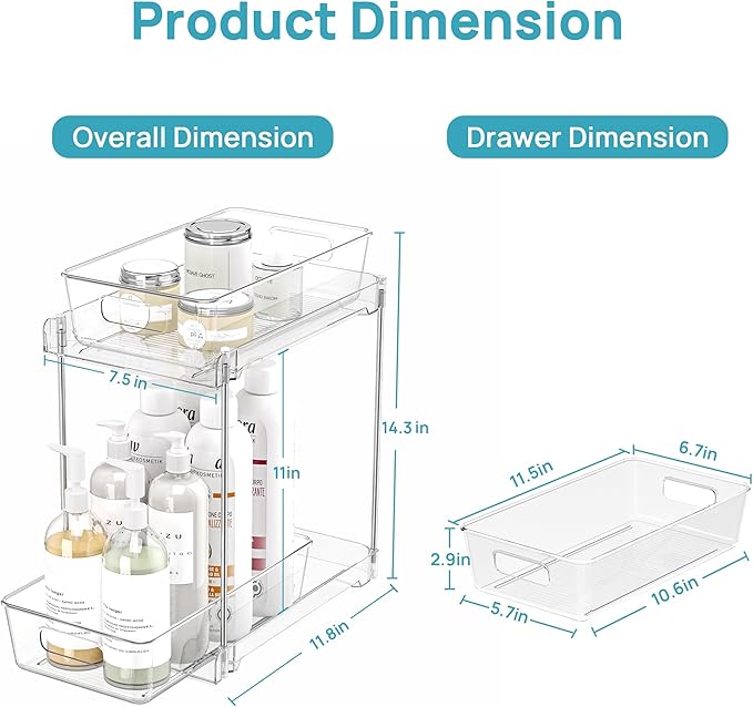 Vtopmart 2 Pack Higher Bathroom Organizer, 2 Tier White Under Sink Organizers Vanity Countertop Storage Container,Cabinet Drawers Bins, Pull-Out Organization with Track for Pantry, Kitchen