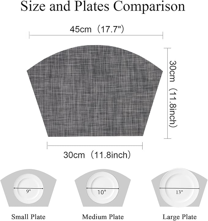 SHACOS Wedge Placemats Set of 4 Woven Vinyl Placemats for Round Table Wipe Clean Curved Fan Table Mats Placement Mat Indoor Outdoor, Dark Gray
