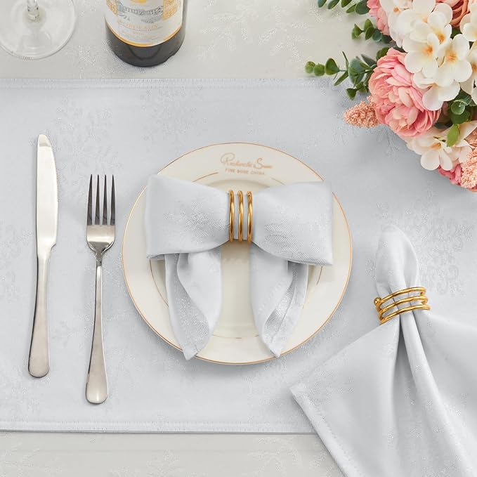 Cloth Napkins Set of 8–Square Jacquard sparkling metallic snowflake Fabric Polyester Washable Reusable Cloth Napkins for Kitchen Dinner Dining Restaurant Wedding Table(White Silver/17x17 Inch)