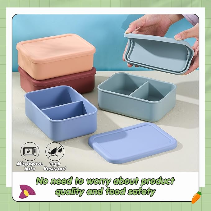 Layhit 4 Pcs Silicone Bento Box for Adults, 27 oz Bento Lunch Container Reusable 2 Compartment Lunchable Food Container for Women Men, Leak Proof Microwave Dishwasher Freezer Safe (Dark Colors)
