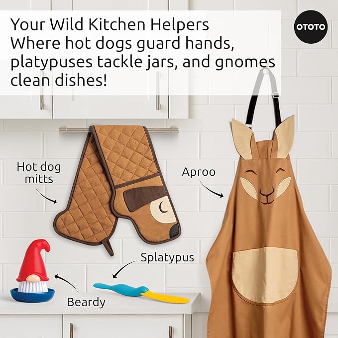 OTOTO Aproo Kitchen Set – Oven Mitts and Chef Apron with Pockets, Cute Cooking Accessories, Funny Kitchen Gift, Kangaroo (Brown Aproo Set)