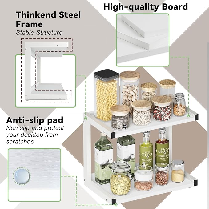 MARTY 2 Tier 12.6"x7.7" Counter Shelf Organizer Kitchen Spice Rack for Countertop, Coffee Station Organizer for Mugs Cups, Wood Shelf Desk Storage Organizer for Bathroom Home Office (White)