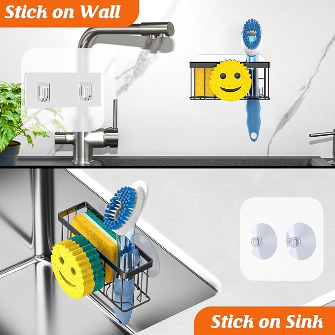 MURLONG Sponge Holder Smiley Face, Sink Caddy for kitchen Sink, Kitchen Organizer Sponge Holder with 2 PCS Suction Cups/1 PCS Adhesive Strips, Designed for Sponge, Soap, Dish brush, Scrubber-Black