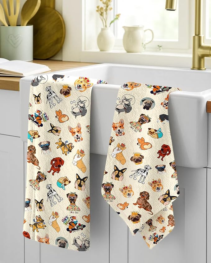Miss Adola Flour Sack Kitchen Towels - Set of 2 Spring Dish Towels with Hanging Loop 18x26 Inch Absorbent Reusable Cotton Cloths for Cleaning Cute Design Home Decorative Housewarming, Dog Lovers