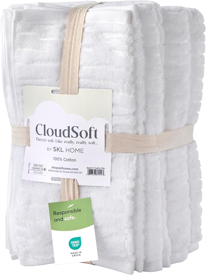SKL Home CloudSoft 100% Cotton Luxury 6-Piece Towel Set, 600 GSM, Ultra Plush & Absorbent - 2 Bath Towels, 2 Hand Towels, 2 Washcloths, White