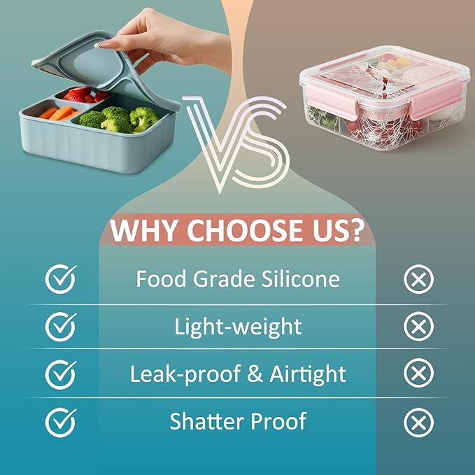 Silicone Bento Box Adult Lunch Container, 3 Compartment Container, Food Grade Silicone Bento Lunch Box for Work Travel Meal Prep, Leak-proof Food Storage Container（1 Pack Nile Blue）