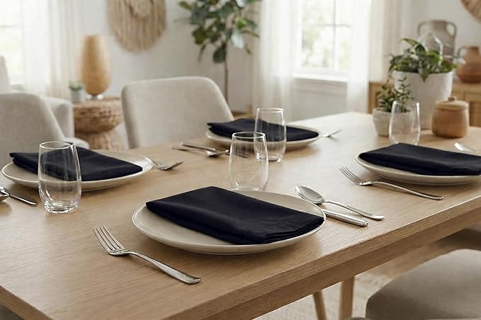 PurpleEssences Set of 12 Hemstitch Cloth Dinner Napkins 100% Cotton - Soft Durable Washable - Ideal for Wedding Spring Easter Summer - Perfect Everyday Use Table Linen 18x18 - Black