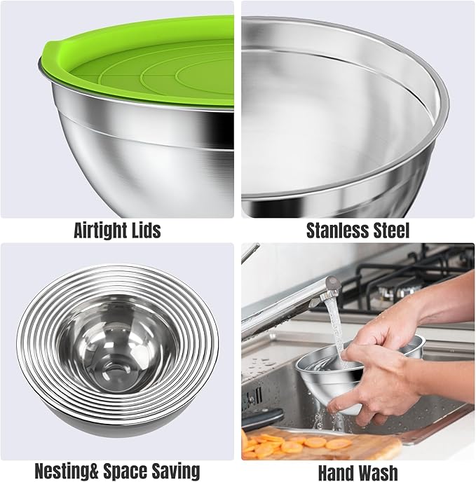 ENVTEK Mixing Bowls with Lids Set, 7 PCS Stainless Steel Mixing Bowls with 3 Grater Attachments, Size 4.5, 4, 3.5, 2.1, 1.5, 1.1, 0.7QT, Ideal for Kitchen Cooking Baking & Serving