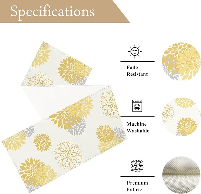 Yellow Gray Table Runner Dahlia Pinnata Flower Beige Table Runners Modern Elegant Pompon Farmhouse Geometric Table Center Decor for Girls Room Dining Party Patio (13 x 72 Inch)