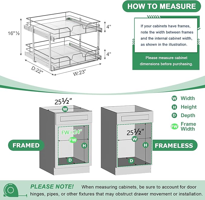 2-Tier Pull Out Cabinet Organizer (23" W x 22" D), Soft Close Cabinet Slide Out Shelves, Heavy Duty Slide Out Drawers with Shelf Liner for Kitchen Cabinets, Pantry Storage, Bathroom
