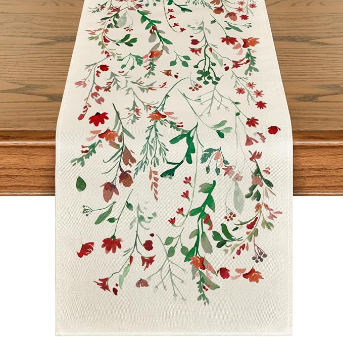 Artoid Mode Floral Leaves Christmas Table Runner, Wild Flowers and Grasses Winter Kitchen Dining Table Decoration for Home Party Decor 13x72 Inch