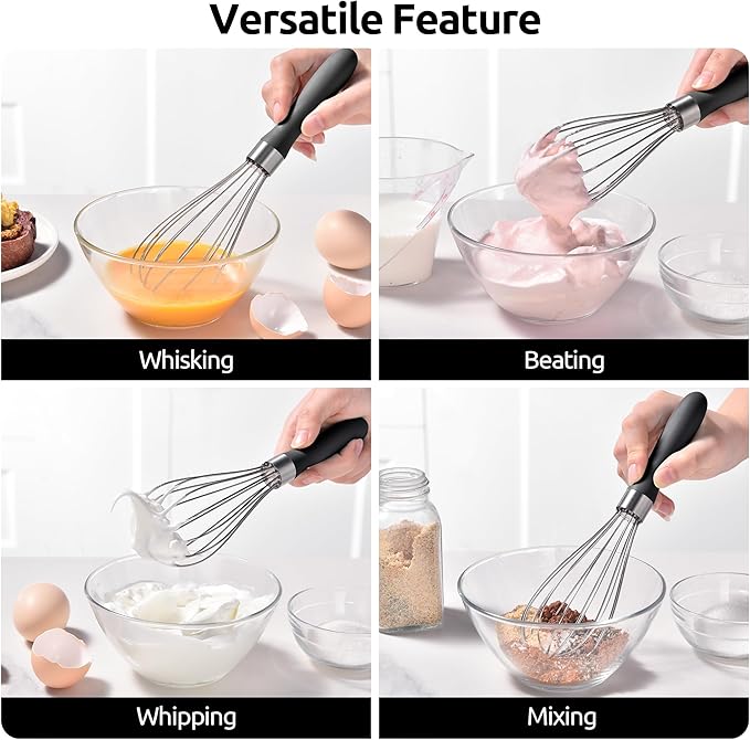 U-Taste 9" Small Egg Whisk: 18/10 Stainless Steel Kitchen Cooking Wire Balloon Wisk, Heavy Duty Metal Beater Stirrer, Manual Baking Tool with 6 Flex Wires for Hand Mixing, Blending Sauce (Black)