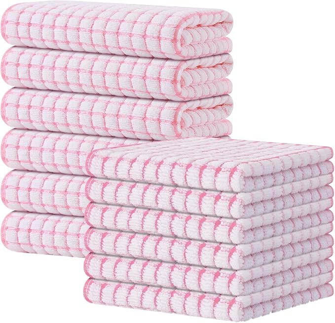 Kitinjoy Cotton 12 Pack Kitchen Towels and Dishcloths Sets, 16 x 25 Inch & 12 X 12 Inch Dish Towels Bulk, Super Soft and Absorbent Hand Towels for Kitchen Drying, Pink