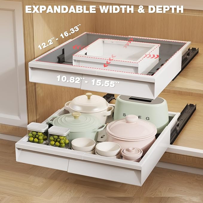 Seinloes 2 Pack Pull Out Cabinet Organizer With Raising Pad for Framed Cabinets,Expandable Width (11"-16") and Depth (13"-17"),3 Slide Rails Slide Out Drawers with Handle,No-Drill Roll Out Shelf,White