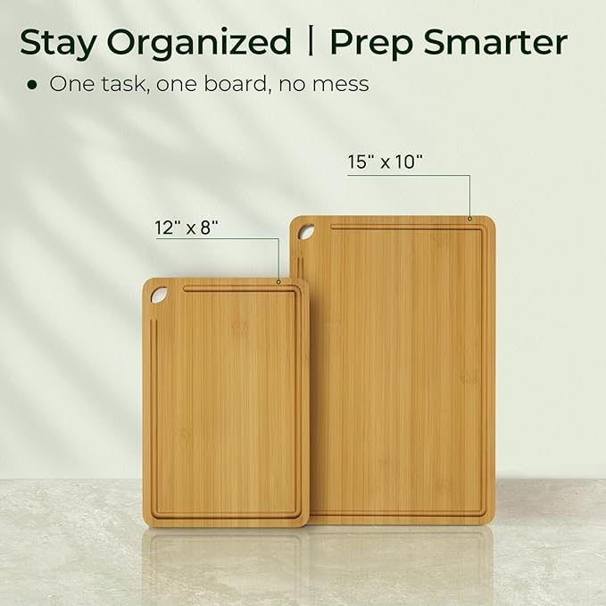 Keechee Chopping Board 2-Pcs Natural Bamboo Cutting Board With Juice Channels & Knife-Friendly Finish For Versatile Kitchen Use, Ideal Charcuterie & Chopping Multi-Use