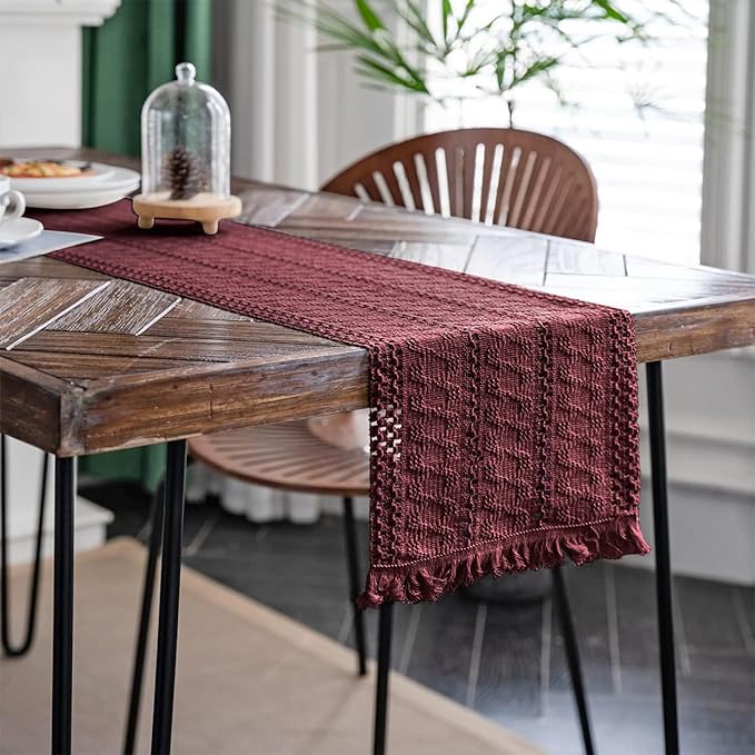 Alynsehom Macrame Table Runner Burgundy Boho Table Runners with Tassels Hand Woven Cotton Table Runner Rustic Farmhouse Table Runners for Bohemian Kitchen Dining Table(12x95in)