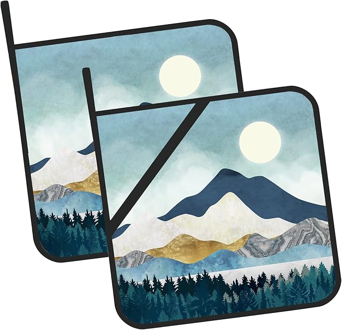 Mountains Nature Scenery Pot Holders Set of 2 Kitchen Heat Resistant Potholder for Microwave Cooking Baking Oven End Dishes and BBQ