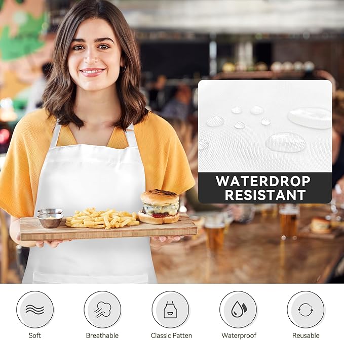 2 Packs White Apron, Adjustable Cooking Aprons, Waterdrop Resistant Kitchen Aprons for Women Men Chef, BBQ Drawing(White,2)