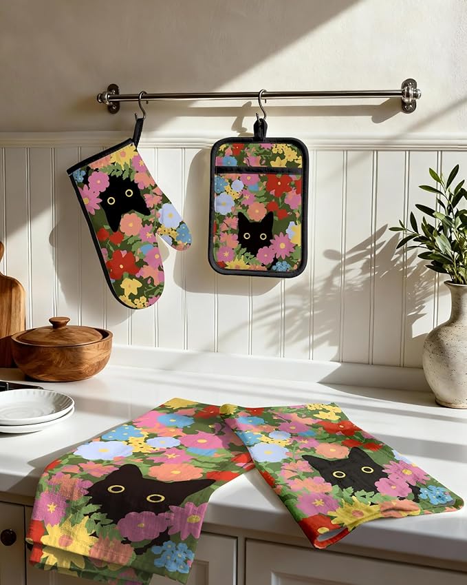 Miss Adola 270 GSM Cotton Kitchen Towels, Oven Mitt and Pot Holder - 4 Pack Kitchen Decor and Accessories Set Spring Cute Farmhouse Boho Quilted Lining Heat Resistant Set with Hanging Loop, Cat Flower
