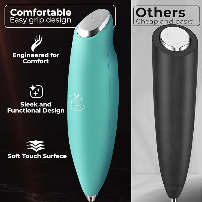 Zulay Kitchen Patented Tornado Triple Whisk Milk Frother with 4 Duracell Batteries – Handheld Foam Maker for Coffee, Lattes, Matcha & Hot Chocolate – Rich, Creamy Froth in Seconds - Turquoise