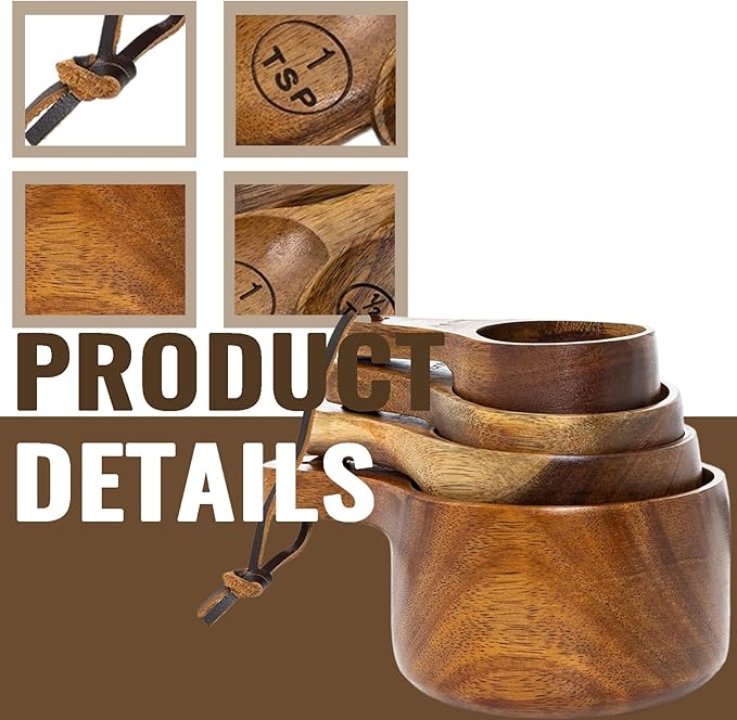 Wooden Measuring Cups and Spoons Set - Eco-Friendly Solid Acacia Wood, Laser Engraved Measurements, Perfect for Baking & Cooking - Ideal for Bakers, Chefs & Home Cooks（brown）