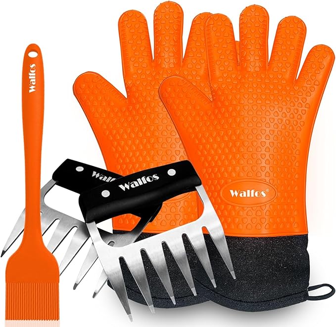 Walfos Silicone BBQ Gloves - Heat Resistant Grilling Gloves Set with Pork Shredder Claws & Brush, Non-Slip Kitchen Silicone Oven Mitt with Protective Cotton Layer, Suit for Indoor & Outdoor, Orange