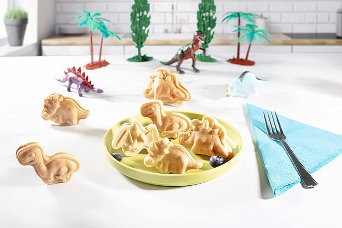 Dinosaur Mini Waffle Maker- 5 Different Double Sided 3D Shaped Dinos in Minutes- Kids Adults Breakfast Fun w/Cool Novelty Pancakes, Electric Baker, Non-Stick Waffler Iron w Recipe Guide, Gift for Him