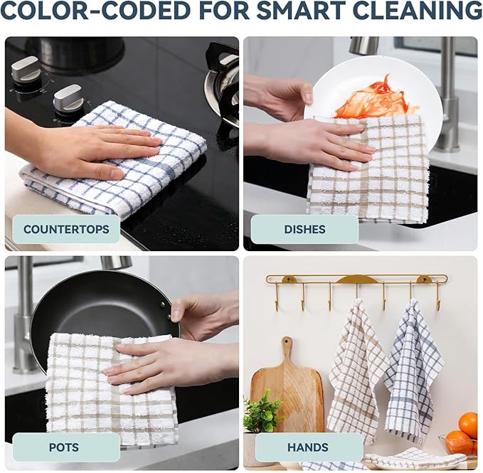 Egles 16 Packs Kitchen Dishcloths, 100% Cotton Grid Terry Dish Cloths 12" x 12" Ultra Soft Super Absorbent Dishrag Reusable Dishcloth, Multi-Purpose Quick Drying Hand Dish Towel Set with Hanging Loop
