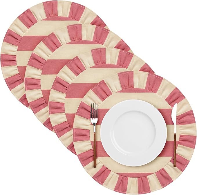 4 Pcs 15 Inch Cotton Scalloped Round Placemats, Pink and White Stripes Thin Place Mats with Ruffle, & Washable Placemats Table Mats for Kitchen Dining Holiday Gatherings Decor