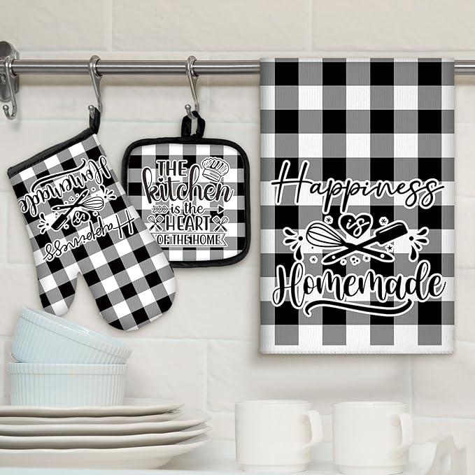 Sratte 6 Pcs Kitchen Decor Accessories Set Farmhouse Towels Pot Holders Oven Mitts Set 2 Dish Towels 2 Potholders 2 Cooking Mittens Oven Glove for Christmas Baking Cooking Supply(Black White,Kitchen)