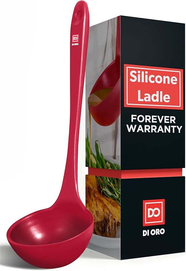 DI ORO Silicone Soup Spoon Heat-Resistant Large Kitchen Ladle Nonstick Cookware Safe - Wide Bowl Dishwasher Safe (Red)