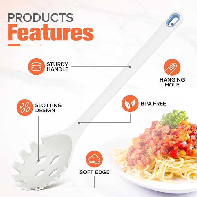 Silicone Spaghetti Spoon&Soup Ladle Cooking Utensils Set of 2,No Scratch for Nonstick Cookware,BPA Free, 450℉ Heat Resistant (White)