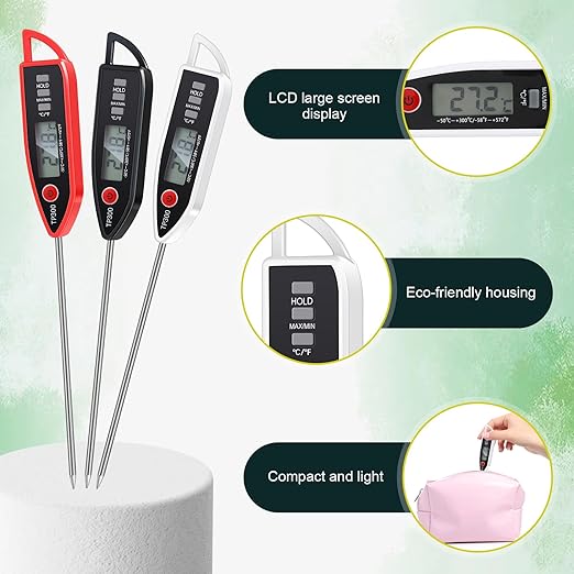 Copkim 3 Pcs Instant Read Meat Thermometer with Long Probe 9.65 Inch Kitchen Cooking Food Candy Waterproof Digital Thermometer for BBQ Water Milk Yogurt Liquid (Pointed,Black,White,Red)