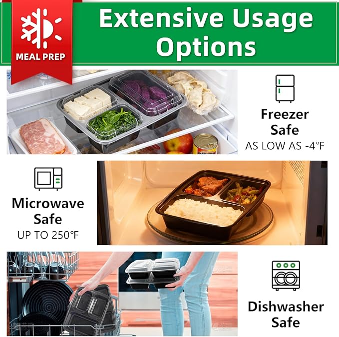 Meal Prep Containers 3 Compartment 20 Pack, 32 oz Divided Reusable Food Storage Containers with Lids Takeout Food Storage Black with 20 Forks, Microwave Dishwasher Freezer Safe, BPA Free