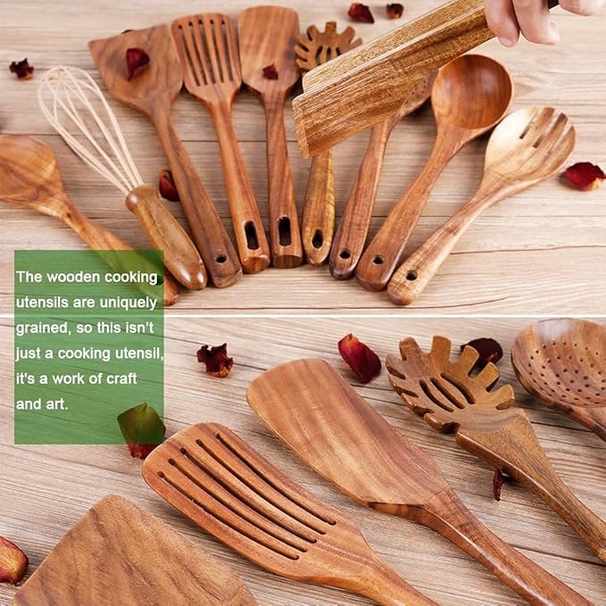 10 Pack Wooden Utensils for Cooking, Wood Utensil Set for Kitchen, Teak Wooden Spoon for Cooking, Non-Stick Spatula Ladle