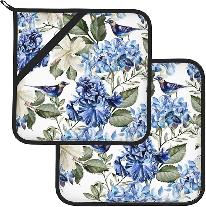 Blue Hydrangea Flowers Bird Pot Holder Set of 2,Heat Resistant Potholders Oven Hot Pads for Kitchen Cooking Baking BBQ