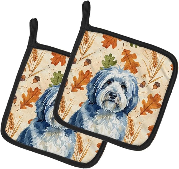Caroline's Treasures Blue and White Old English Sheepdog Heirloom Fall Pair of Pot Holders Pair 7.5x7.5 Quilted Insulated Hot Pads Decorative Kitchen Gift Made in USA