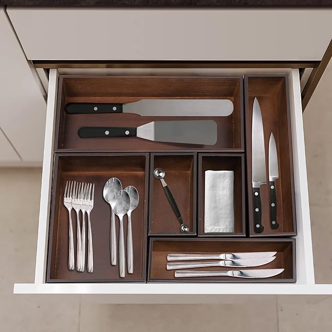 PRATIQUE Bamboo Drawer Organizer - Kitchen Utensil Organizer Silverware Tray Cutlery Holder，Office Desk Supplies and Accessories,12 * 5.9 * 2.6,Nut-brown