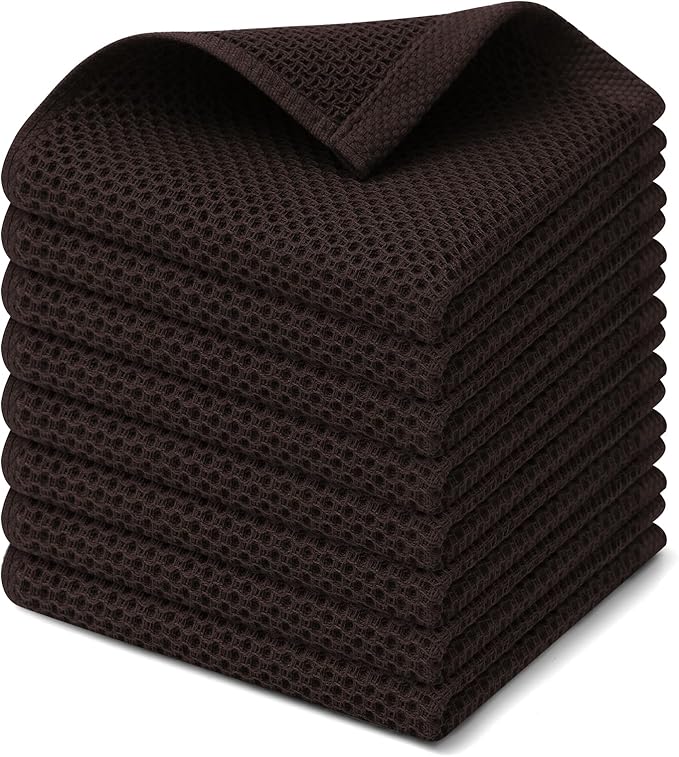 Kitinjoy 100% Cotton Kitchen Dish Cloths (12 X 12 Inches, Dark Brown), 8 Pack Waffle Weave Ultra Soft Absorbent Dish Towels for Drying Dishes Quick Drying Kitchen Towels Dish Rags