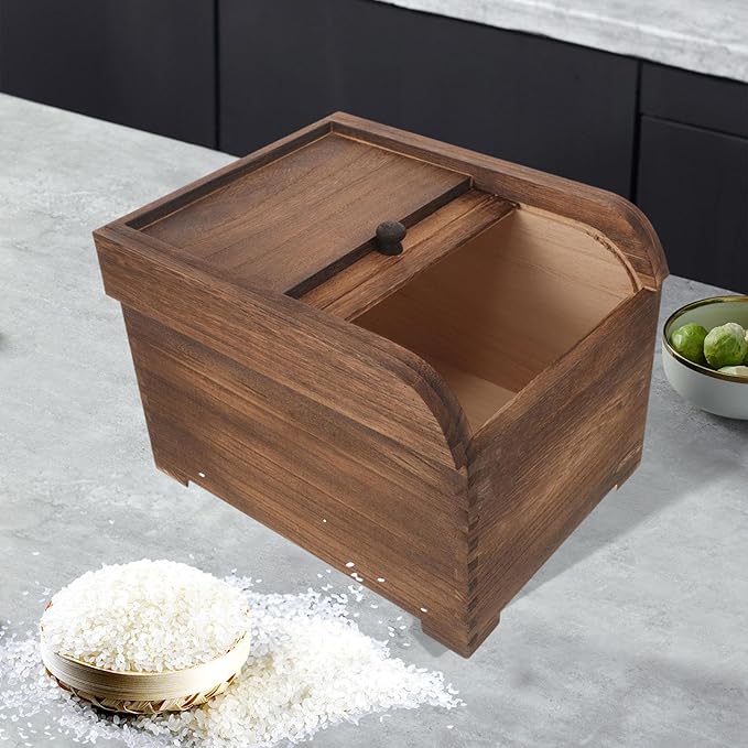 Wooden Rice Storage Container with Sliding Lid, Wood Food Container for Cereal, Grains, Flour, Dark Brown